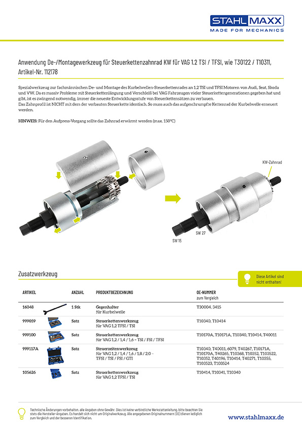 Anwendung De- und Montagewerkzeug für Steuerkettenzahnrad Kurbelwelle bei VAG 1.2 L TSI, TFSI
