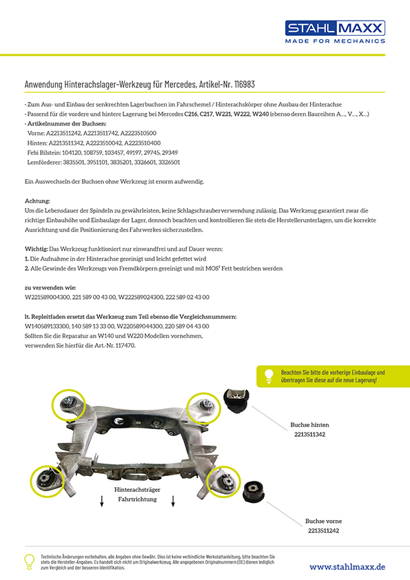 Buchsen Hinterachse Demontage Werkzeug Satz für Mercedes W221 - PCI Shop -  Pro, 377,00 €