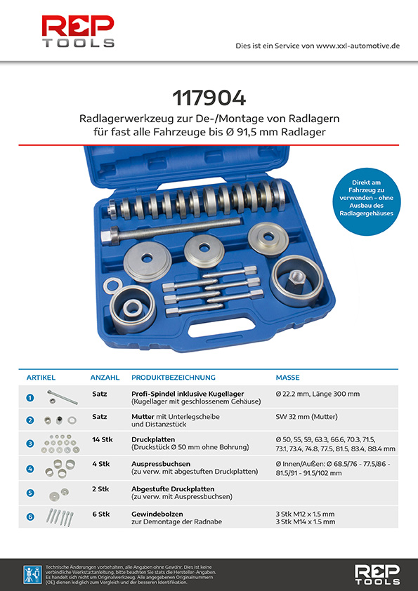 Universaler Radlager-Werkzeugsatz, bis Ø 91,5 mm, 31-tlg., inkl.  Abdrückbolzen für Radnabe, Radlager, Fahrwerk / Achse, Spezialwerkzeug