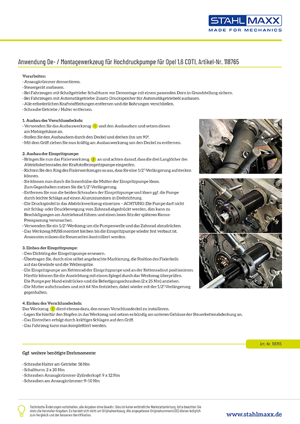 Anwendung De-/Montagewerkzeug für Hochdruckpumpe, für Opel 1,6 CDTI