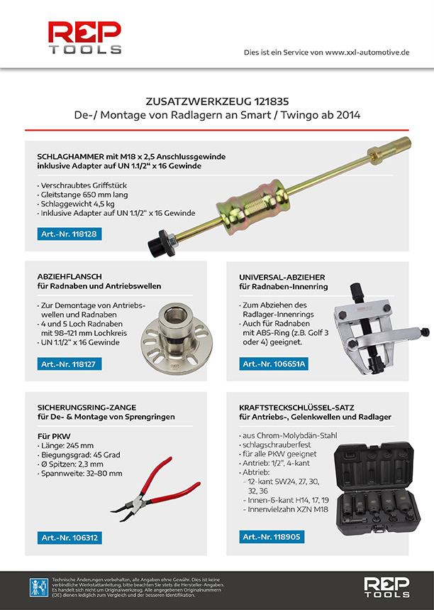 De- und Montagesatz für Radlager Vorderachse an Smart und Twingo ab 2014, Radlager, Fahrwerk / Achse, Spezialwerkzeug