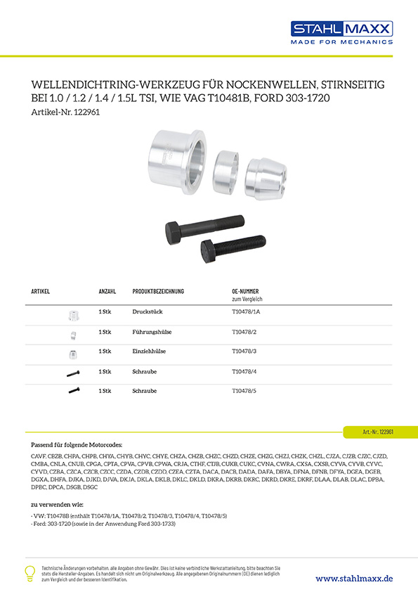 Wellendichtring-Werkzeug Nockenwellen, stirnseitig bei 1.0 1.2 1.5 Liter TSI, wie VAG T10471B, Ford 303-1720