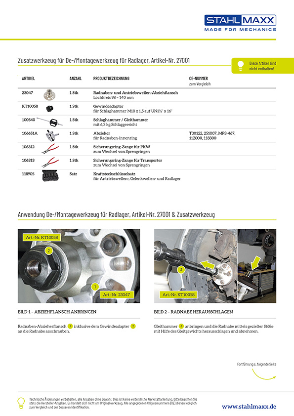 Radlagerwerkzeug für 62 mm VW Radlager-Nabeneinheit, XXL-Automotive