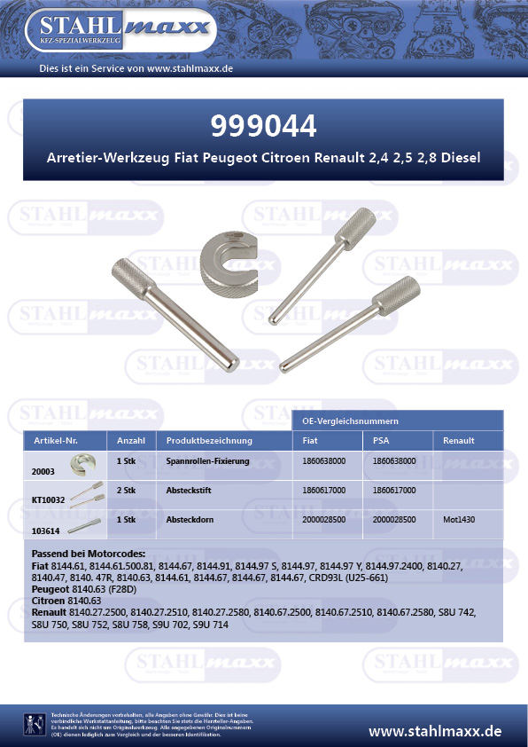 Satz A-8011 FIAT Werkzeug Arretierung Nockenwelle 1,6 & 2,0 Liter 16V