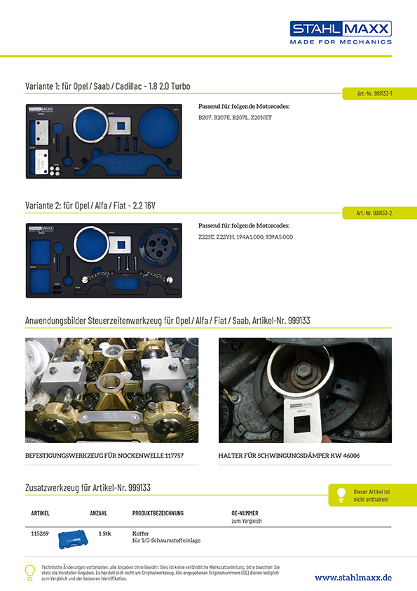 Varianten, Anwendungsbilder und Zusatzwerkzeug Steuerzeitenwerkzeug für Opel, Alfa, Fiat, Saab