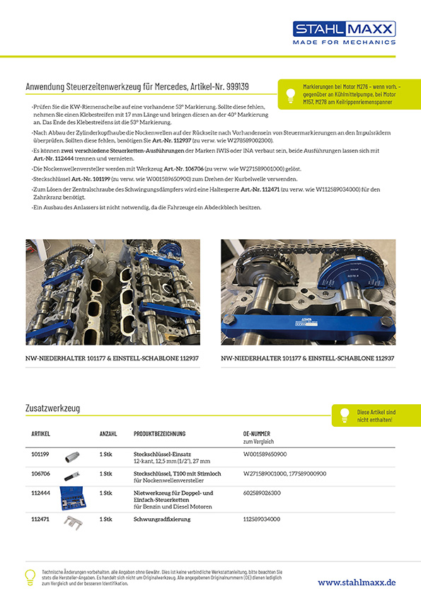 Anwendung Steuerzeitenwerkzeug für Mercedes M152, M157, M276, M278