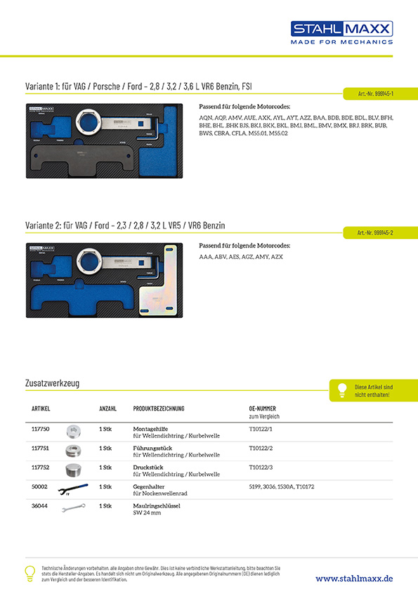 Varianten und Zusatzwerkzeug Steuerzeitenwerkzeug für VAG, Porsche, Ford - VR5 / VR6 2,3 / 2,8 / 3,2 / 3,6 L Benziner