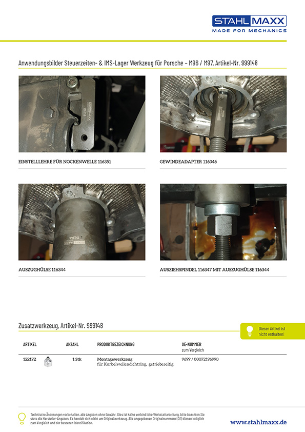 Anwendungsbilder Spezialwerkzeugsatz De- & Montage IMS-Lager der Zwischenwelle & Steuerzeiten, für Porsche M96, M97