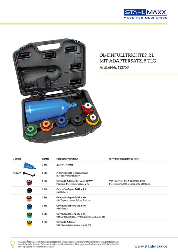 Öl-Einfülltrichter mit Bajonettadapter, für VAG / BMW / MB / Porsche /  Volvo, Motoröl, Befüllen, Öldienst, Spezialwerkzeug